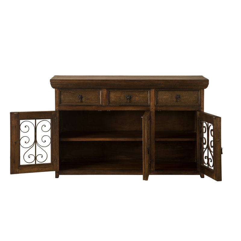 Rustic Wood 3 Drawer Sideboard with Wrought Iron Hardware & Inserts. 54" W  -  FWSB 0003