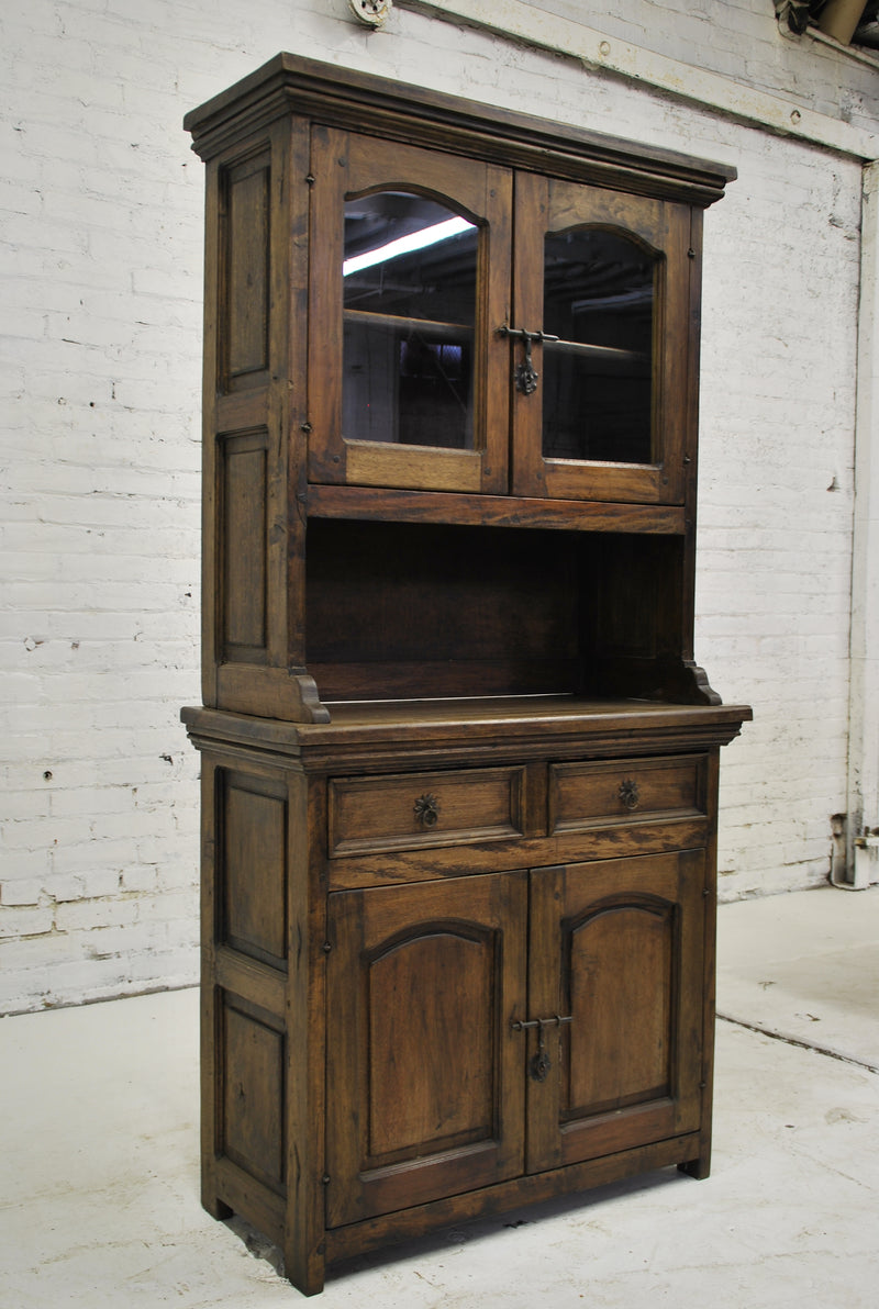 Rustic Wooden Cabinet with Display Cabinet with Two Glass Doors, Sideboard with Two Drawers, and Wrought Iron Hardware - WC-009