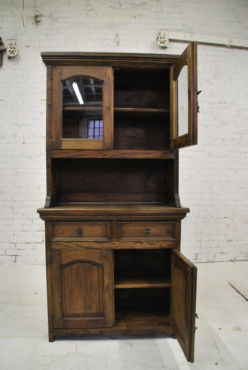 Rustic Wooden Cabinet with Display Cabinet with Two Glass Doors, Sideboard with Two Drawers, and Wrought Iron Hardware - WC-009