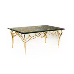 Coffee Table with Hand-Forged Iron Gilded Base and Rectangular Glass Top - F2904