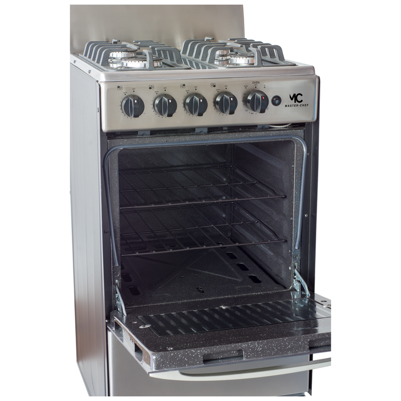 Master-Chef - 20" Stainless Steel B Gas Space Saver Range with 2.4 CFT Oven Capacity - Italian SABAF Sealed Burners, 1 Ultra-Fast, 3 Fast – Easy to Clean, Iron Grates, Cool Knobs - L 21" W 20" H 41"