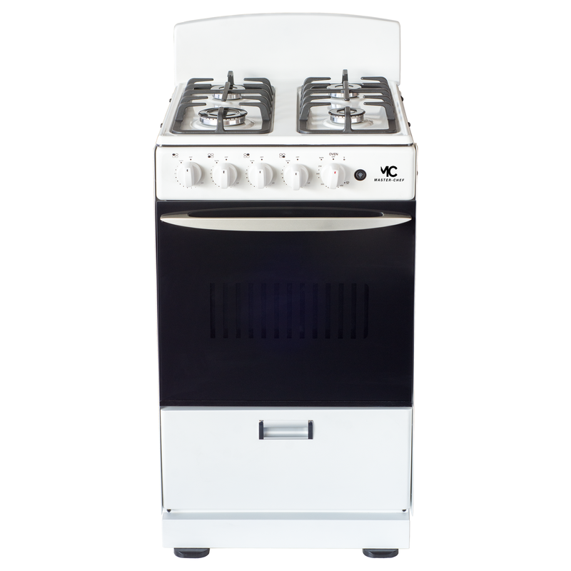 Master-Chef - 20" White B Gas Space Saver Range with 2.4 CFT Oven Capacity - Italian SABAF Sealed Burners, 1 Ultra-Fast, 3 Fast – Easy to Clean, Iron Grates, Cool Knobs - L 21" W 20" H 41"