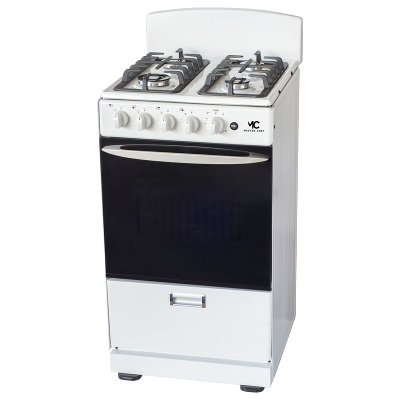 Master-Chef - 20" White B Gas Space Saver Range with 2.4 CFT Oven Capacity - Italian SABAF Sealed Burners, 1 Ultra-Fast, 3 Fast – Easy to Clean, Iron Grates, Cool Knobs - L 21" W 20" H 41"
