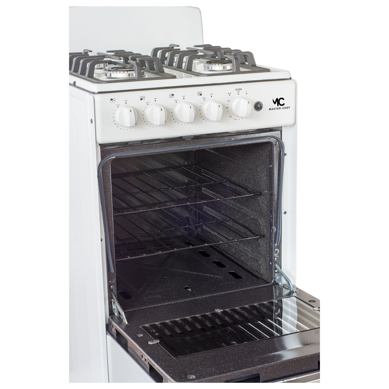 Master-Chef - 20" White B Gas Space Saver Range with 2.4 CFT Oven Capacity - Italian SABAF Sealed Burners, 1 Ultra-Fast, 3 Fast – Easy to Clean, Iron Grates, Cool Knobs - L 21" W 20" H 41"