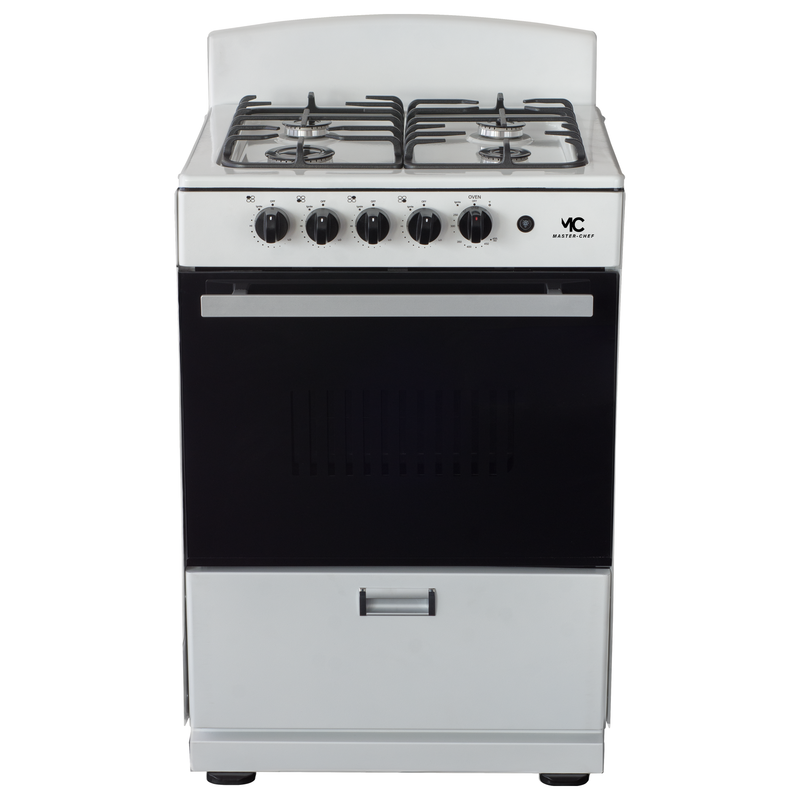 Master-Chef - 24" White B Gas Space Saver Range with 3.0 CFT Oven Capacity - Italian SABAF Sealed Burners, 1 Ultra-Fast, 3 Fast – Easy to Clean, Iron Grates, Cool Knobs - L 21" W 24" H 41"