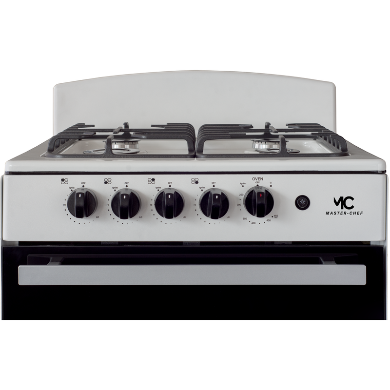 Master-Chef - 24" White B Gas Space Saver Range with 3.0 CFT Oven Capacity - Italian SABAF Sealed Burners, 1 Ultra-Fast, 3 Fast – Easy to Clean, Iron Grates, Cool Knobs - L 21" W 24" H 41"