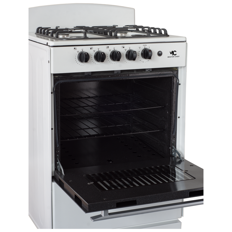 Master-Chef - 24" White B Gas Space Saver Range with 3.0 CFT Oven Capacity - Italian SABAF Sealed Burners, 1 Ultra-Fast, 3 Fast – Easy to Clean, Iron Grates, Cool Knobs - L 21" W 24" H 41"
