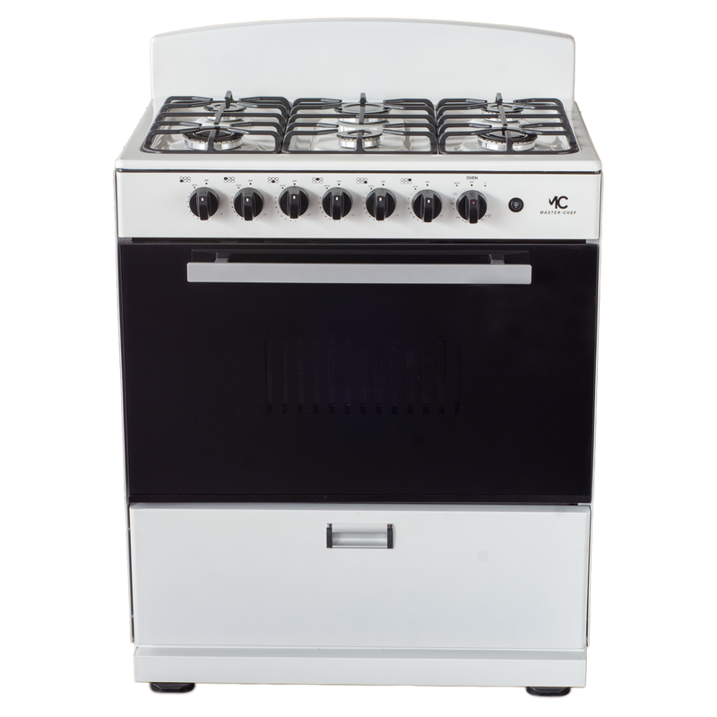 Master-Chef - 30" White B Gas Space Saver Range with 4.0 CFT Oven Capacity - Italian SABAF Sealed Burners, 3 Ultra-Fast, 3 Fast – Easy to Clean, Iron Grates, Cool Knobs - L 21" W 30" H 41"