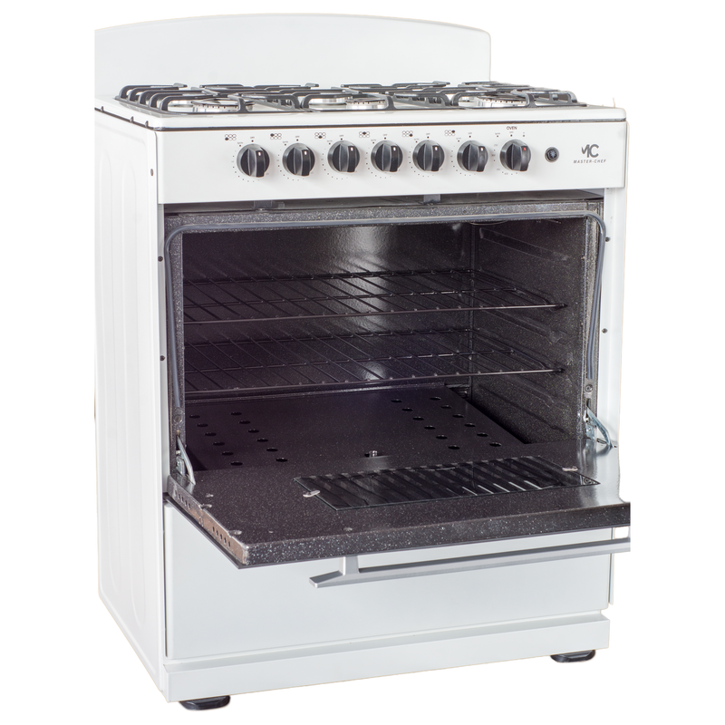 Master-Chef - 30" White B Gas Space Saver Range with 4.0 CFT Oven Capacity - Italian SABAF Sealed Burners, 3 Ultra-Fast, 3 Fast – Easy to Clean, Iron Grates, Cool Knobs - L 21" W 30" H 41"