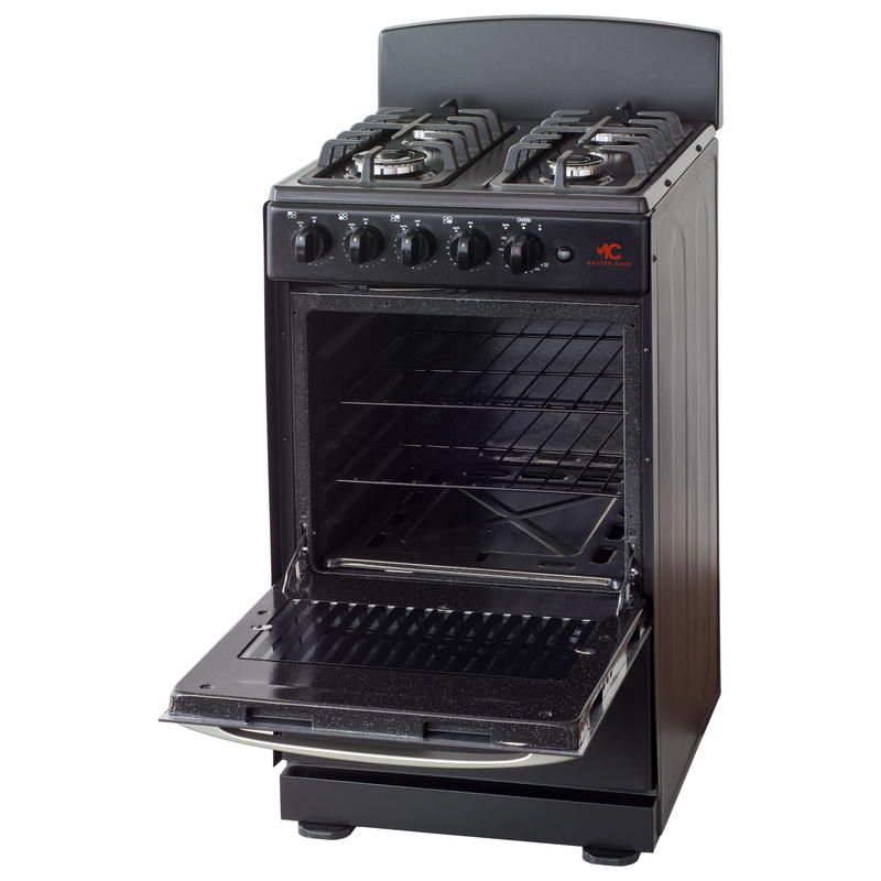Master-Chef - 20" Black R Gas Space Saver Range with 2.4 CFT Oven Capacity - Italian SABAF Sealed Burners, 1 Ultra-Fast, 3 Fast – Easy to Clean, Iron Grates, Cool Knobs - L 21" W 20" H 41"