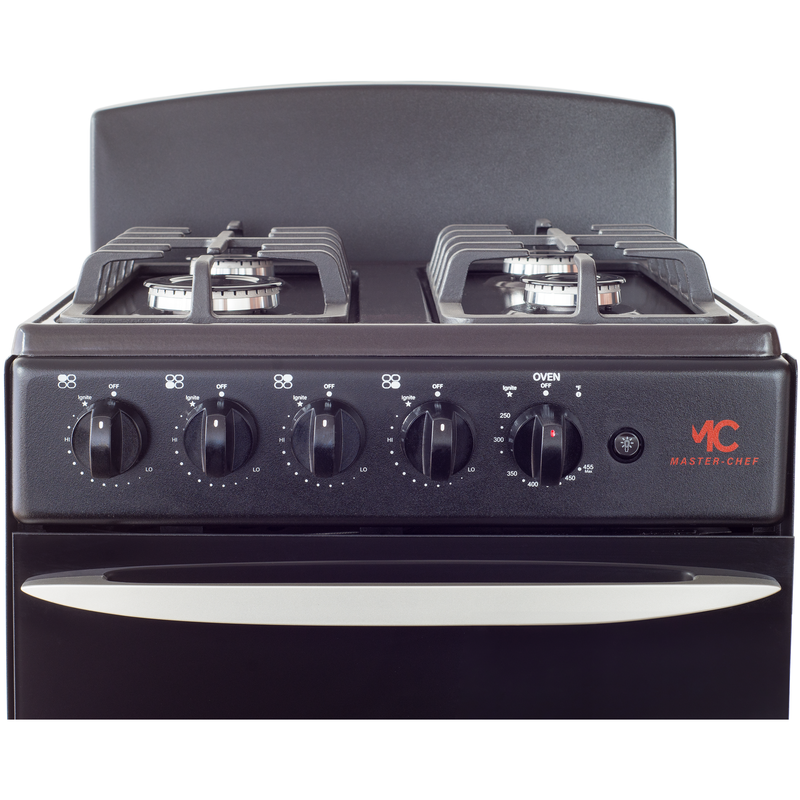Master-Chef - 20" Black R Gas Space Saver Range with 2.4 CFT Oven Capacity - Italian SABAF Sealed Burners, 1 Ultra-Fast, 3 Fast – Easy to Clean, Iron Grates, Cool Knobs - L 21" W 20" H 41"
