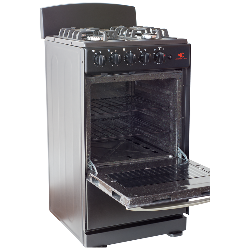 Master-Chef - 20" Black R Gas Space Saver Range with 2.4 CFT Oven Capacity - Italian SABAF Sealed Burners, 1 Ultra-Fast, 3 Fast – Easy to Clean, Iron Grates, Cool Knobs - L 21" W 20" H 41"