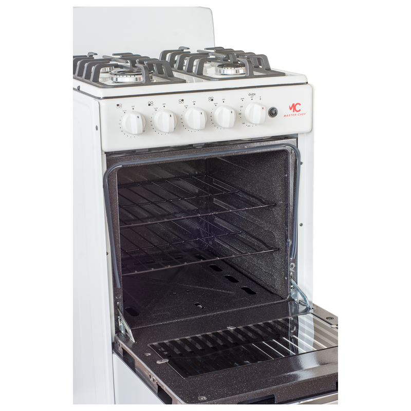 Master-Chef - 20" White R Gas Space Saver Range with 2.4 CFT Oven Capacity - Italian SABAF Sealed Burners, 1 Ultra-Fast, 3 Fast – Easy to Clean, Iron Grates, Cool Knobs - L 21" W 20" H 41"