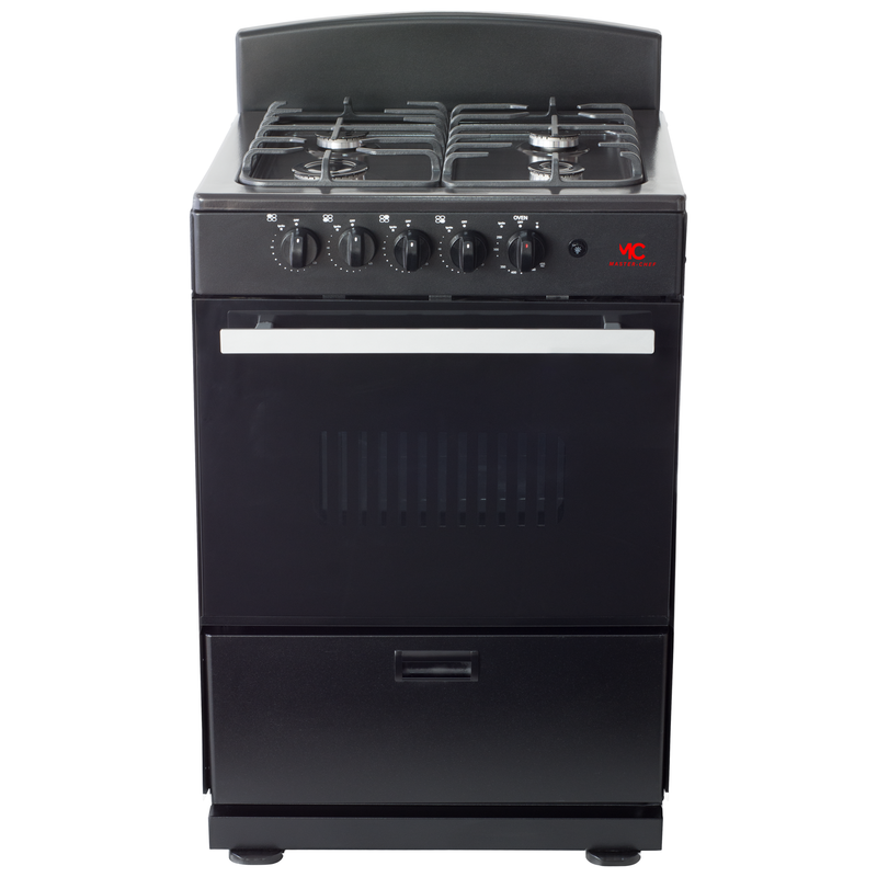 Master-Chef - 24" Black R Gas Space Saver Range with 3.0 CFT Oven Capacity - Italian SABAF Sealed Burners, 1 Ultra-Fast, 3 Fast – Easy to Clean, Iron Grates, Cool Knobs - L 21" W 24" H 41"