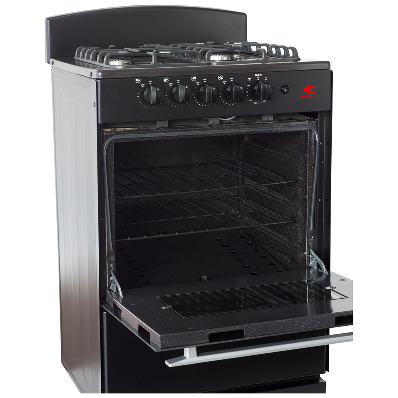 Master-Chef - 24" Black R Gas Space Saver Range with 3.0 CFT Oven Capacity - Italian SABAF Sealed Burners, 1 Ultra-Fast, 3 Fast – Easy to Clean, Iron Grates, Cool Knobs - L 21" W 24" H 41"