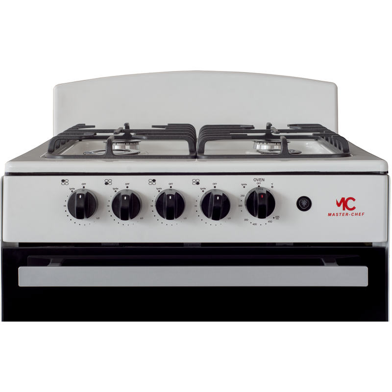 Master-Chef - 24" White R Gas Space Saver Range with 3.0 CFT Oven Capacity - Italian SABAF Sealed Burners, 1 Ultra-Fast, 3 Fast – Easy to Clean, Iron Grates, Cool Knobs - L 21" W 24" H 41"