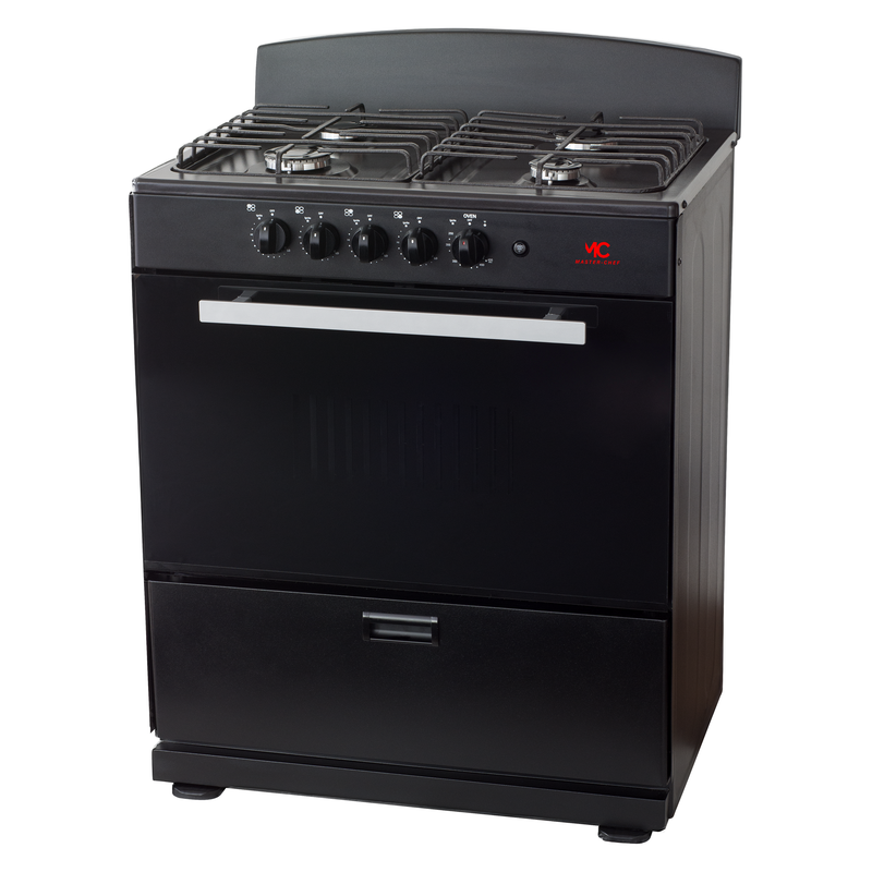 Master-Chef - 30" Black R Gas Space Saver Range with 4.0 CFT Oven Capacity - Italian SABAF Sealed Burners, 2 Ultra-Fast, 2 Fast – Easy to Clean, Iron Grates, Cool Knobs - L 21" W 30" H 41"