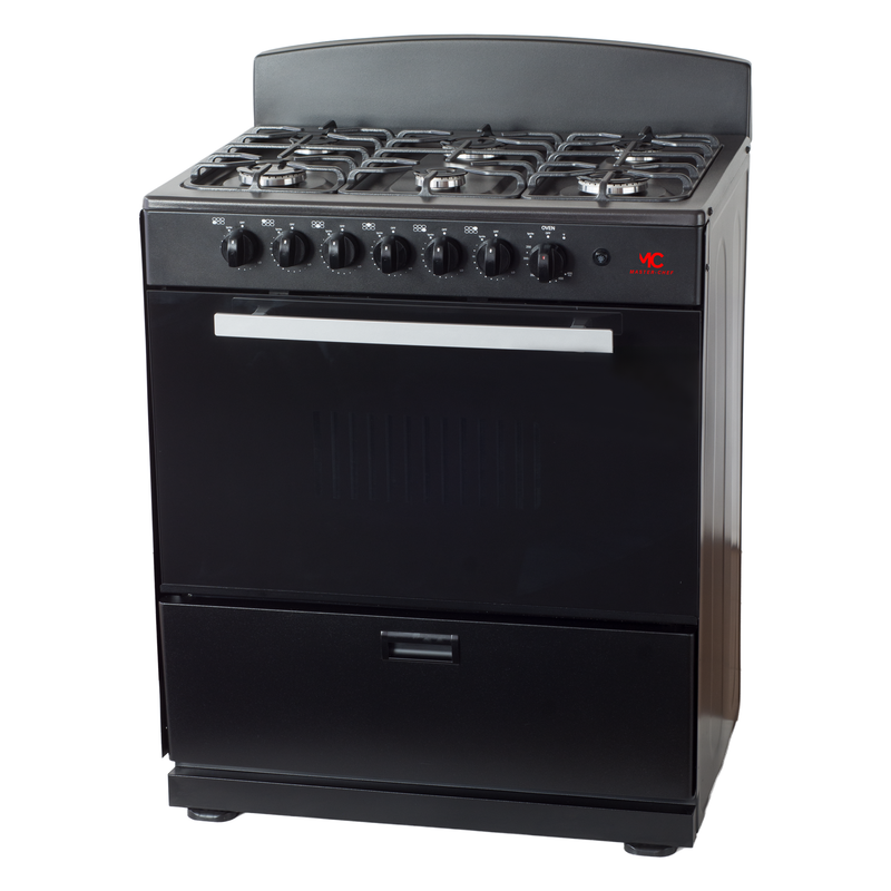 Master-Chef - 30" Black R Gas Space Saver Range with 4.0 CFT Oven Capacity - Italian SABAF Sealed Burners, 3 Ultra-Fast, 3 Fast – Easy to Clean, Iron Grates, Cool Knobs - L 21" W 30" H 41"