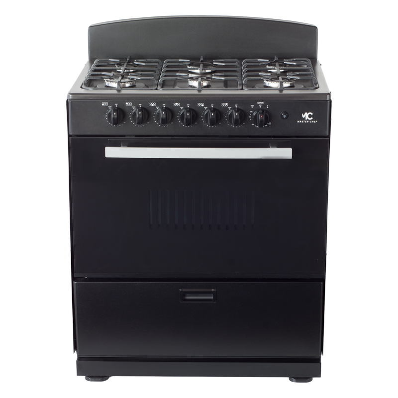 Master-Chef - 30" Black W Gas Space Saver Range with 4.0 CFT Oven Capacity - Italian SABAF Sealed Burners, 3 Ultra-Fast, 3 Fast – Easy to Clean, Iron Grates, Cool Knobs - L 21" W 30" H 41"