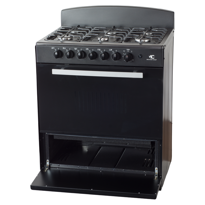 Master-Chef - 30" Black W Gas Space Saver Range with 4.0 CFT Oven Capacity - Italian SABAF Sealed Burners, 3 Ultra-Fast, 3 Fast – Easy to Clean, Iron Grates, Cool Knobs - L 21" W 30" H 41"