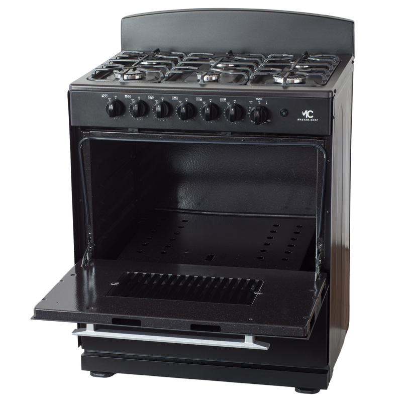 Master-Chef - 30" Black W Gas Space Saver Range with 4.0 CFT Oven Capacity - Italian SABAF Sealed Burners, 3 Ultra-Fast, 3 Fast – Easy to Clean, Iron Grates, Cool Knobs - L 21" W 30" H 41"