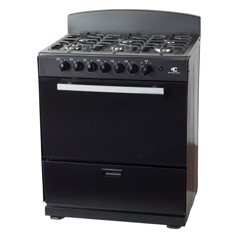 Master-Chef - 30" Black W Gas Space Saver Range with 4.0 CFT Oven Capacity - Italian SABAF Sealed Burners, 3 Ultra-Fast, 3 Fast – Easy to Clean, Iron Grates, Cool Knobs - L 21" W 30" H 41"