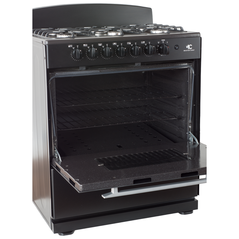 Master-Chef - 30" Black W Gas Space Saver Range with 4.0 CFT Oven Capacity - Italian SABAF Sealed Burners, 3 Ultra-Fast, 3 Fast – Easy to Clean, Iron Grates, Cool Knobs - L 21" W 30" H 41"