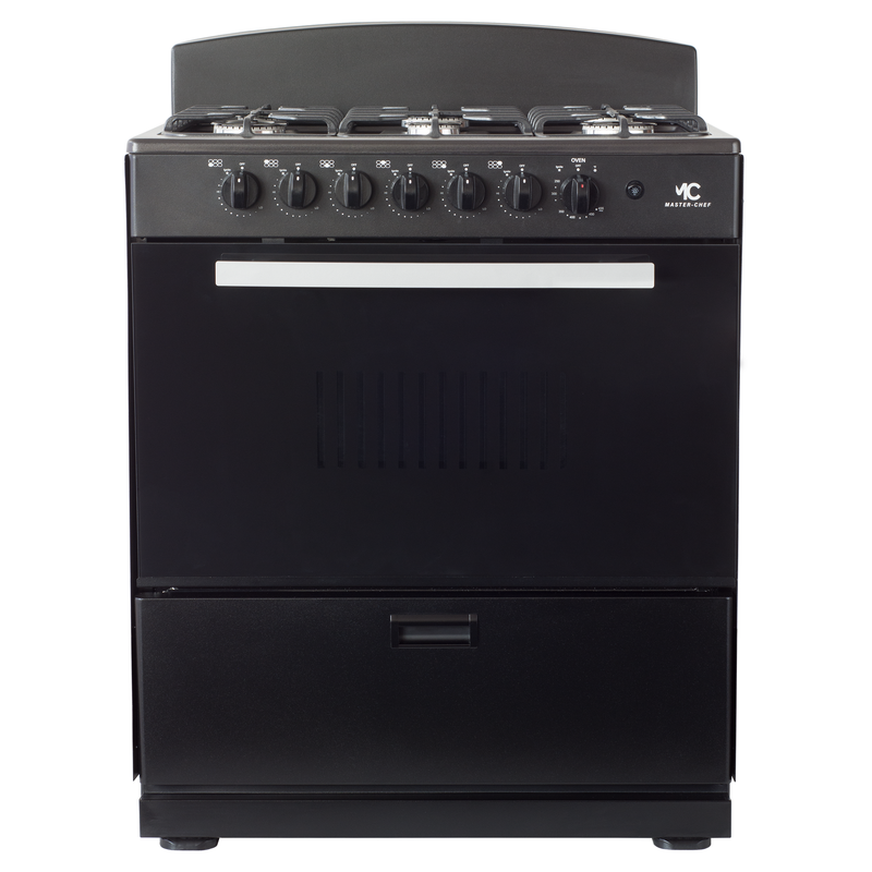 Master-Chef - 30" Black W Gas Space Saver Range with 4.0 CFT Oven Capacity - Italian SABAF Sealed Burners, 3 Ultra-Fast, 3 Fast – Easy to Clean, Iron Grates, Cool Knobs - L 21" W 30" H 41"