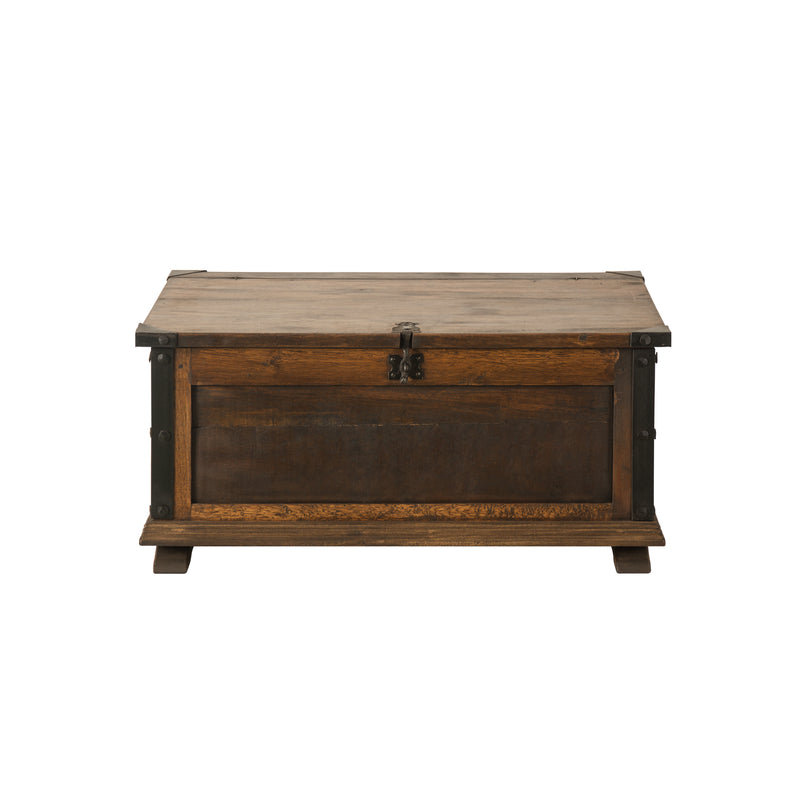 Rustic Wood Coffee Table Trunk with Forged Iron Hardware Inserts and Storage - FWTK 0002