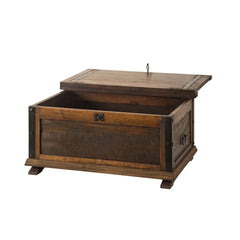 Rustic Wood Coffee Table Trunk with Forged Iron Hardware Inserts and Storage - FWTK 0002